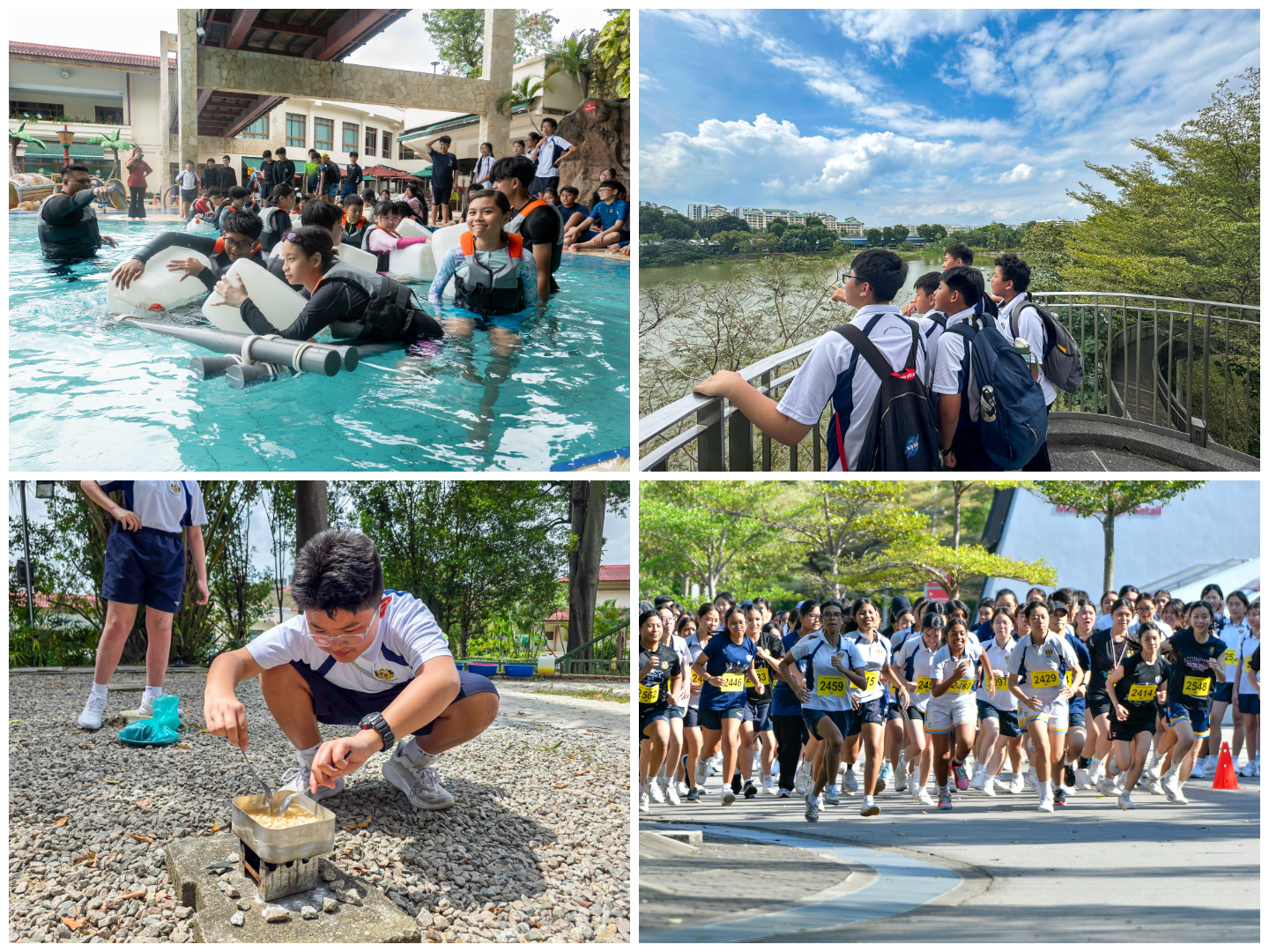 Collage of students in a pool drill, viewing a lake, cooking outdoors, and starting a crowded fun run.
